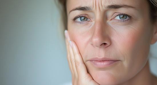 Concerned woman touching the side of her face